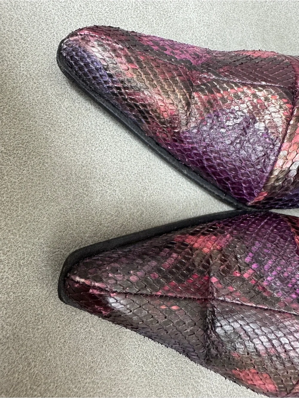 Mario Valentino Purple & Red Snakeskin Pointed-Toe Ankle Boots